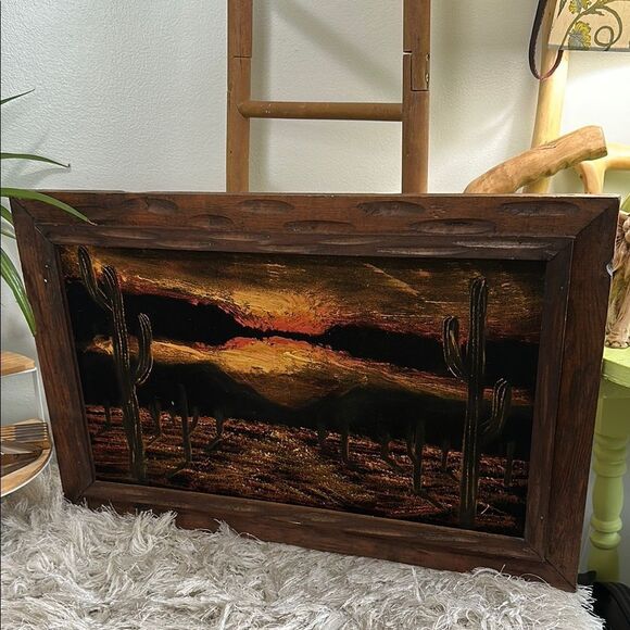 Vintage Desert Sunset Black Velvet Painting Wooden Framed Desert Landscape - Picture 1 of 17